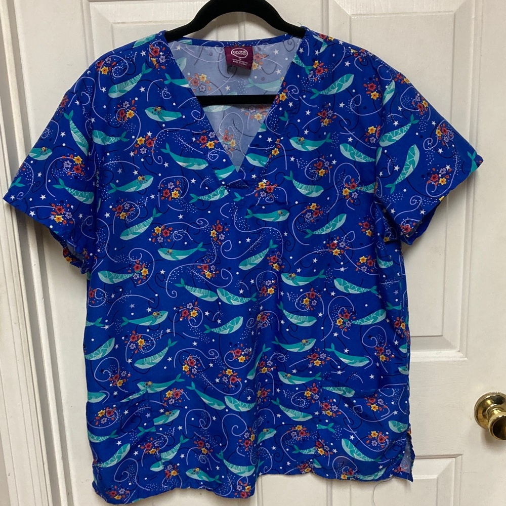 Colorful Blue whale and flower Patterned Scrub Top